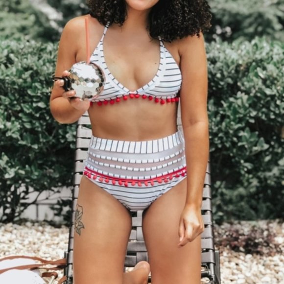 NWOT COCOSHIP Women's Mesh Striped High Waist Bikini Set Tassel Trim Top Halter - Picture 1 of 5